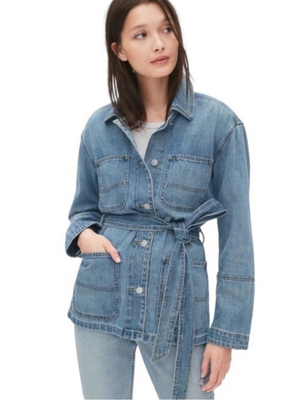 GAP Belted Light Indigo Wash Denim Shirt Jacket Shacket Size Small - Picture 1 of 5